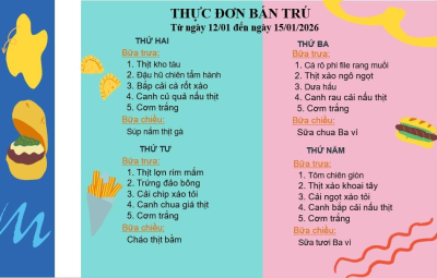 THỰC ĐƠN BÁN TRÚ TUẦN 18B (Từ ngày 12/01 đến ngày 15/01/2026)