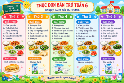 THỰC ĐƠN BÁN TRÚ TUẦN 6 (Từ ngày 12/10 đến 16/10/2026)