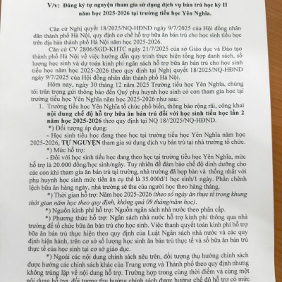 Thông báo thực hiện đăng ký hỗ trợ bữa ăn bán trú theo NQ18/2025/NQ-CP lần 2 NH 2025-2026