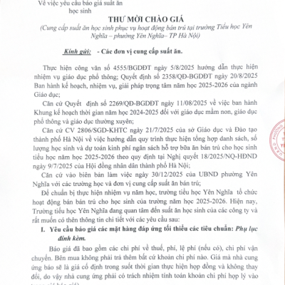 Thông báo: Thư mời chào giá suất ăn bán trú