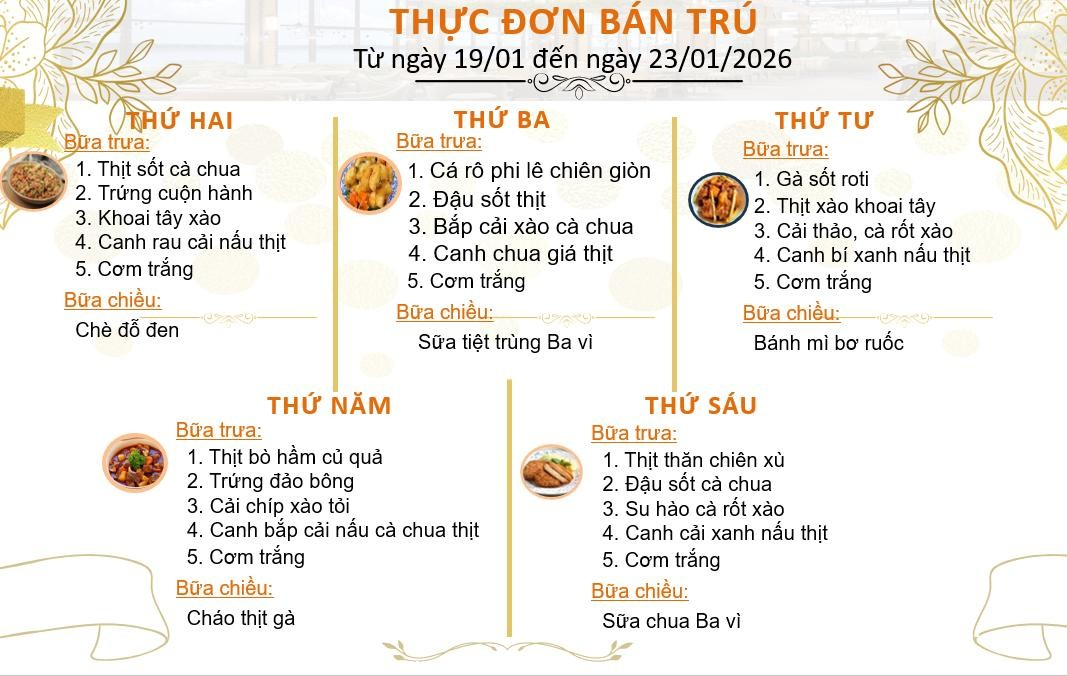 THỰC ĐƠN BÁN TRÚ TUẦN 19 (Từ ngày 19/01 đến ngày 23/01/2026)
