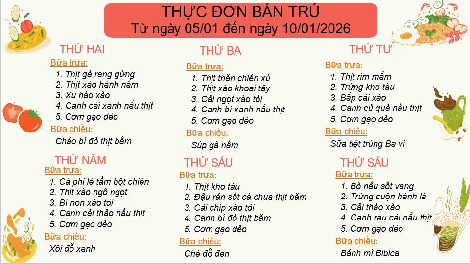 THỰC ĐƠN BÁN TRÚ TUẦN 18 (Từ ngày 05/01 đến ngày 10/01/2026)