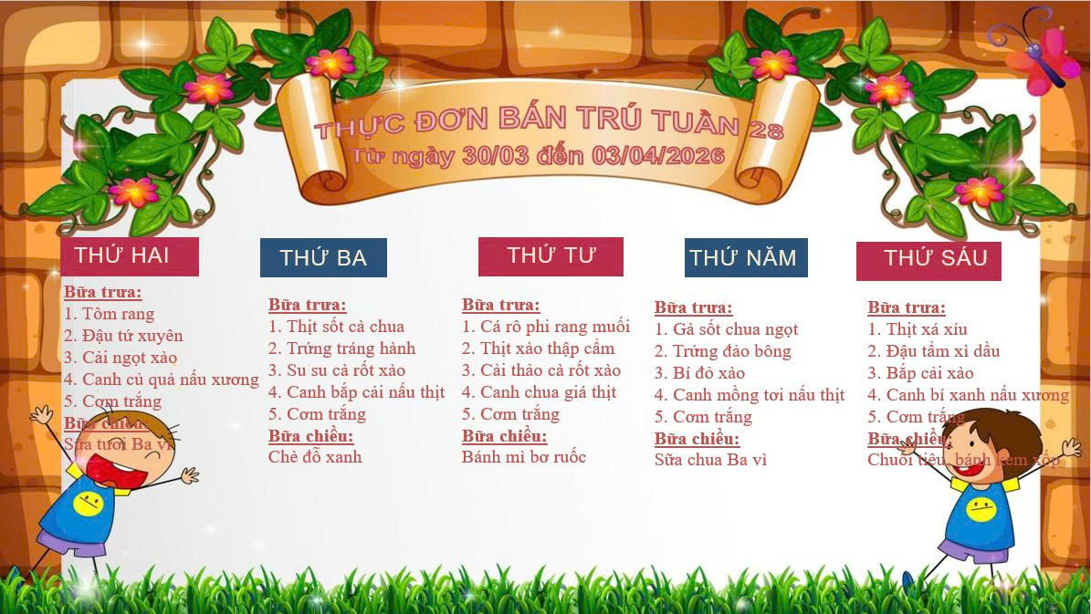 THỰC ĐƠN BÁN TRÚ TUẦN 28 (Từ ngày 30/03 đến ngày 03/04/2026)