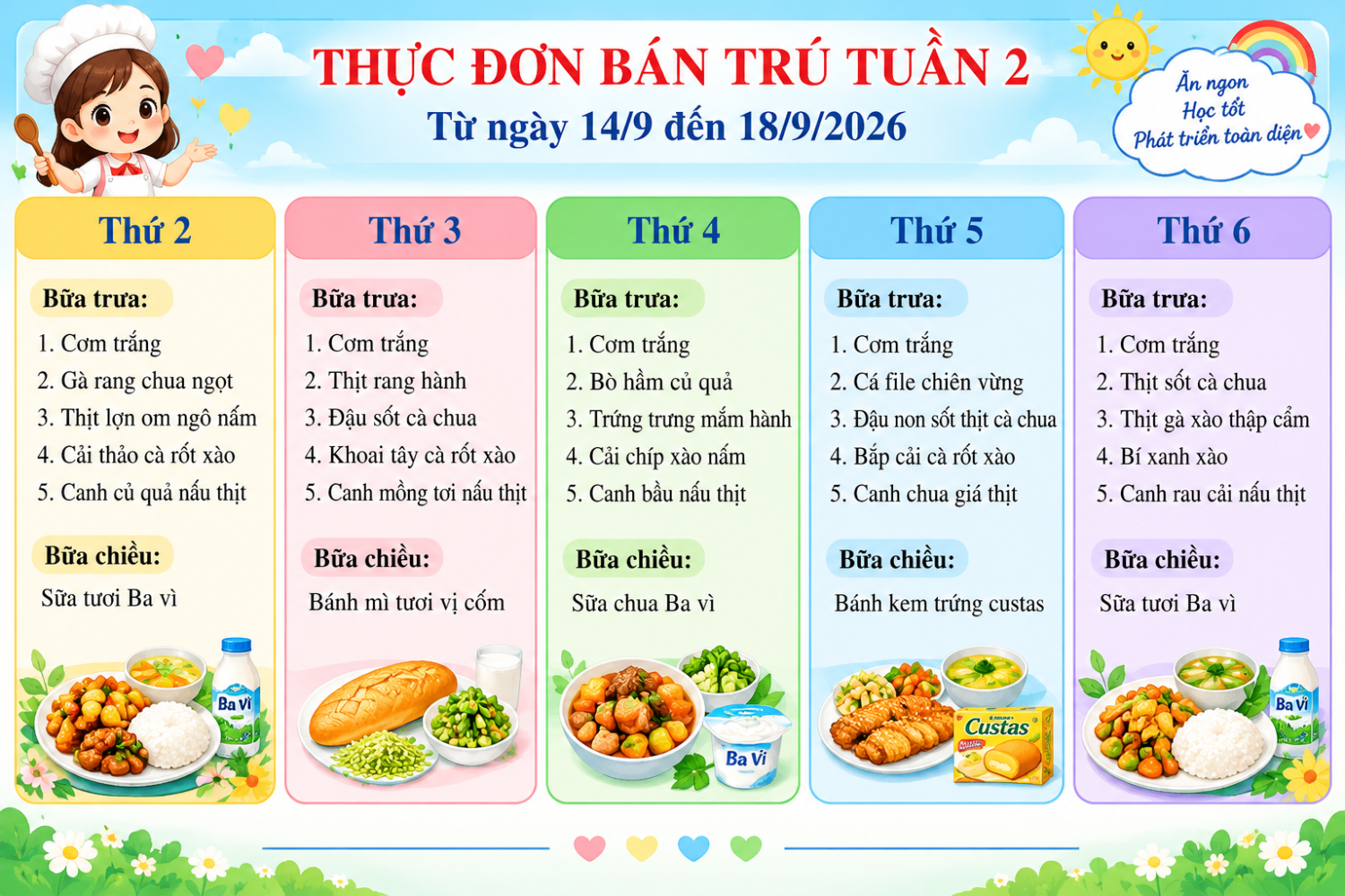 THỰC ĐƠN BÁN TRÚ TUẦN 2 (Từ ngày 14/9 đến ngày 18/9/2026)