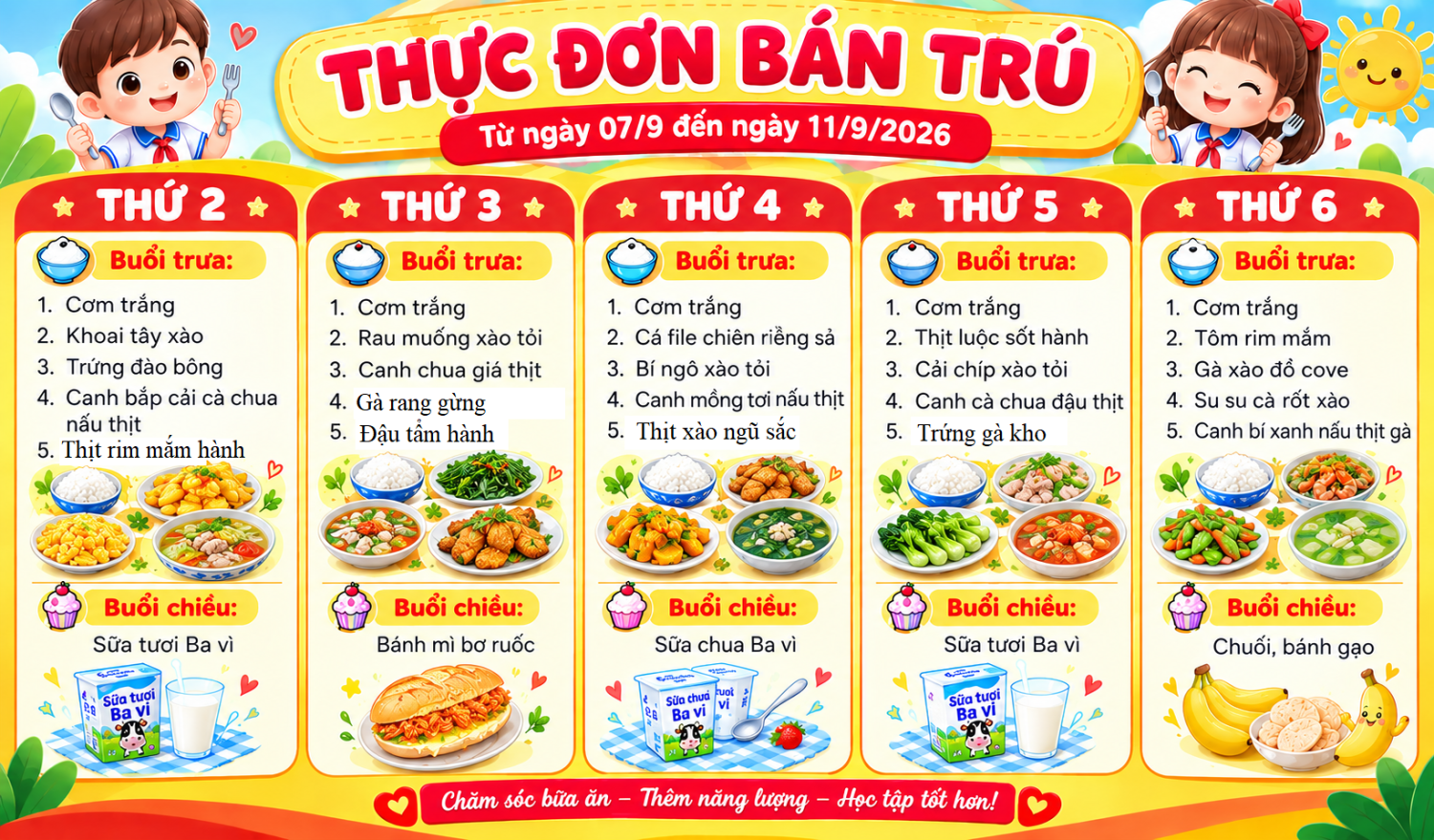 THỰC ĐƠN BÁN TRÚ TUẦN 1 (Từ ngày 07/9 đến ngày 11/09/2026)