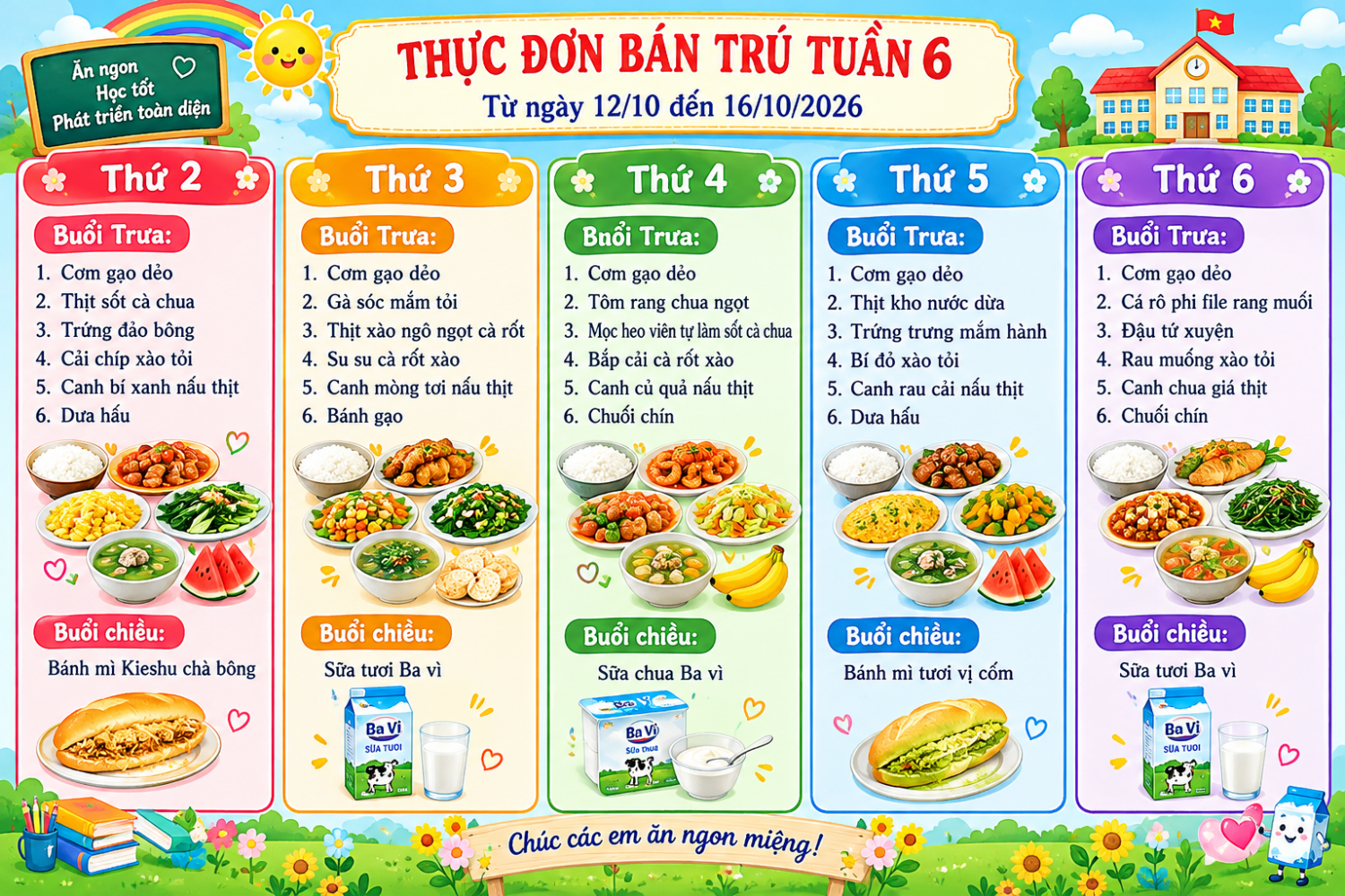 THỰC ĐƠN BÁN TRÚ TUẦN 6 (Từ ngày 12/10 đến 16/10/2026)