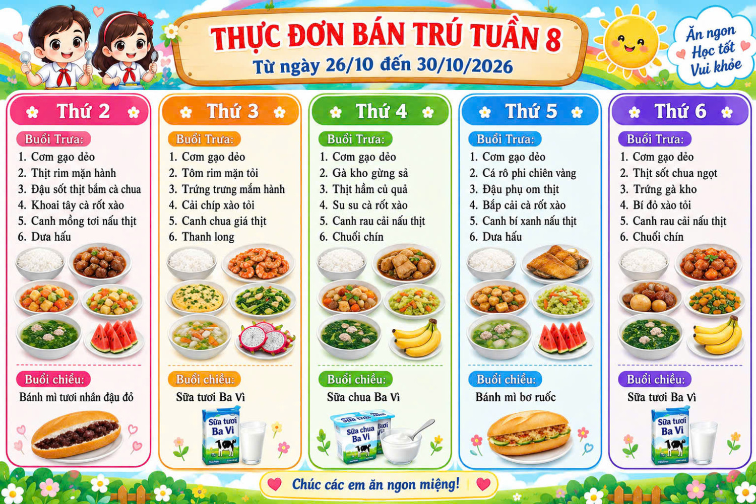 THỰC ĐƠN BÁN TRÚ TUẦN 8 (Từ ngày 26/20 đến ngày 30/10/2026)