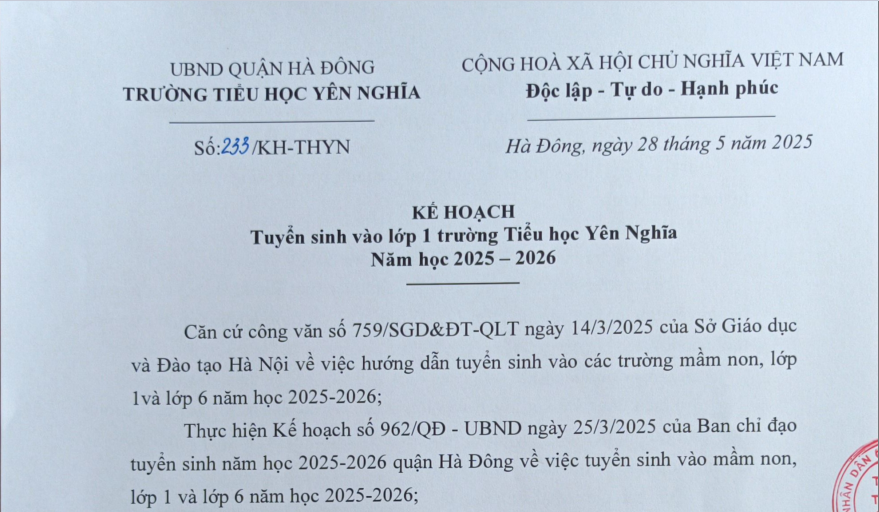 Kế hoạch số 233/KH-THYN ngày 28/5/2025 Kế hoạch tuyển sinh vào lớp 1 trường Tiểu học Yên Nghĩa năm học 2025-2026