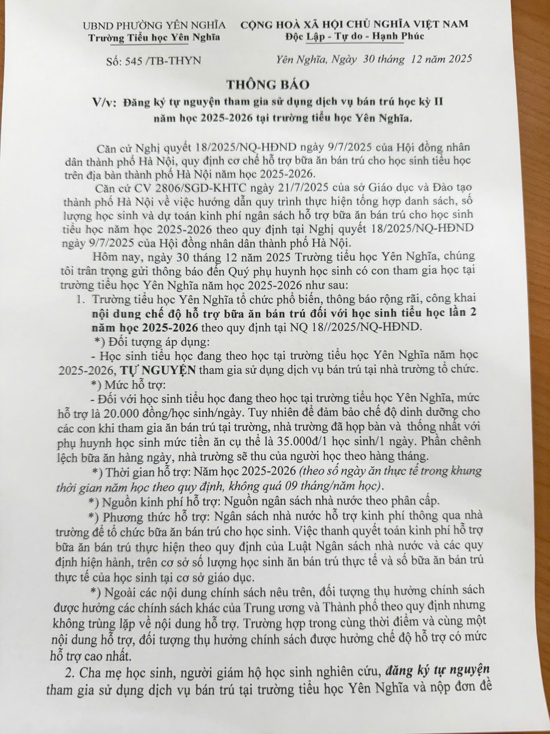 Thông báo thực hiện đăng ký hỗ trợ bữa ăn bán trú theo NQ18/2025/NQ-CP lần 2 NH 2025-2026