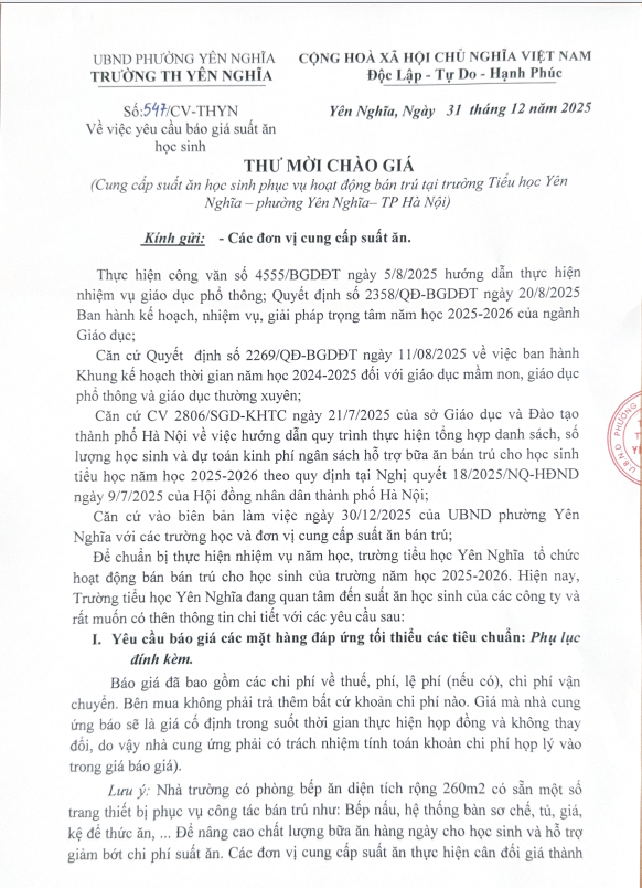 Thông báo: Thư mời chào giá suất ăn bán trú