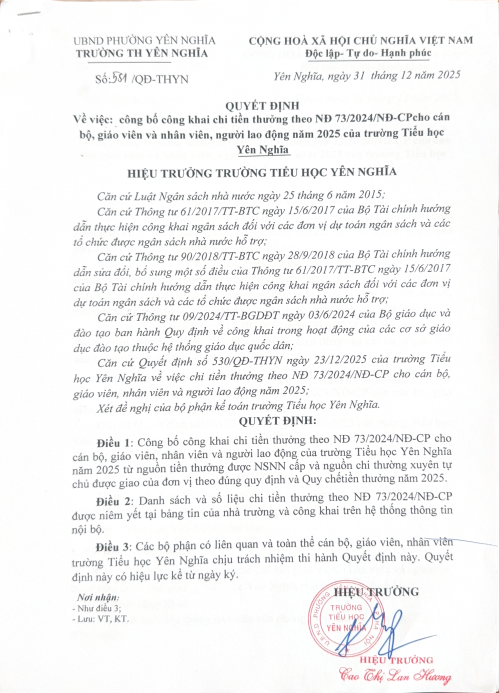 Công khai chi tiền thưởng theo NĐ 73/2024/2NĐ-CP năm 2025